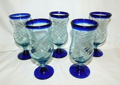 Hand Blown Mexico Swirl Light Blue Body Cobalt Blue Rim & Base 5 Wine Goblets 17