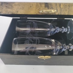 Short Etched Champagne Flutes Button Base in VTG Hinged Plastic Decoupage Box