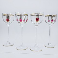 4 Theresienthal Wine Glasses Art Deco Applied Pink Circles Handpainted Gold Set