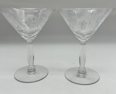 2Vintage Tiffin Blue Bell Etched Elegant Glassware Liquor Cocktail #15024 1940s