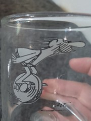 Vintage Cartoon Art Whiskey Glass Tumbler Signed Kent Character Unicycle Barware