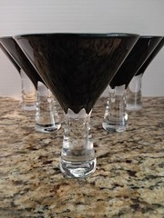 VTG MCM Pedestal Martini Glass Color block Dark Amethyst/Midnight Black V-shaped