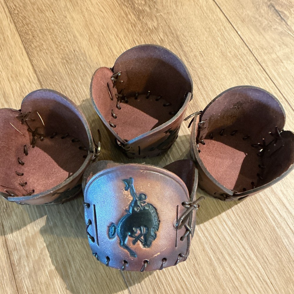 Set of 4 Vintage Handmade Bamco Leather Tumbler Koozies Western Horse Drink Hold