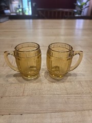 Vintage Hazel Atlas Amber Glass Barrel Miniature Mug Shot Glass Set Of 2