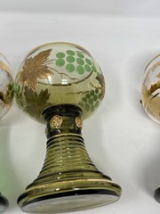 BEAUTIFUL SET(3) GERMAN Green/Gold Etched Grapes & Leaves Glass Goblets MARKED