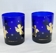 Gold Angels VTG Set 2 Culver Stars Blue Drinking Glass Tumbler Candleholder 4”