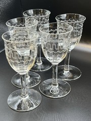 SET OF 5 Fostoria Greek Optic 5” Wine Port Glass Needle Etched Cordial