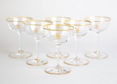 Vintage Gold Monogram Liquor Cocktail Glasses Set of 6 Elegant Crystal Stemware