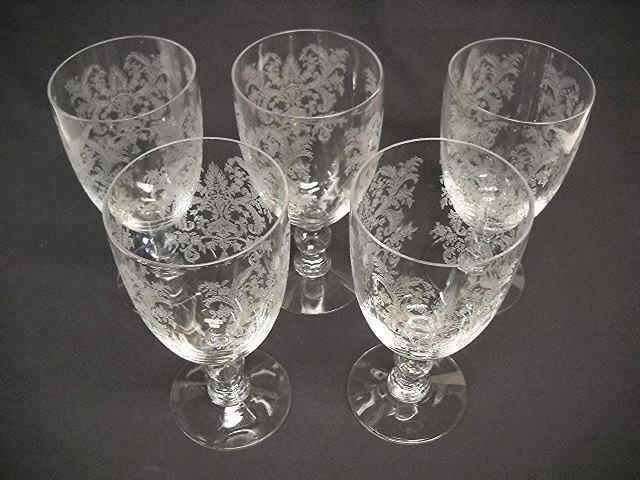 5 Vintage DUNCAN & MILLER «ROYAL LACE» CLEAR WATER GOBLETS-1-BALL STEMS-VG