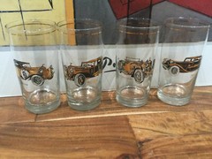 4 RAre Vintage Culver Gold old cars Mercedes Rolls Jaguar Pierce Highball Glass