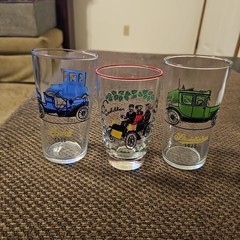 Vintage Hazel Atlas Antique Cars Design Barware Drinking Glasses& 1904 Cadillac