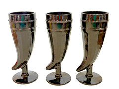 Set 3 Vintage Black Glass Indiana Powder Horn 8″ Water Goblets Tumblers Pilsner