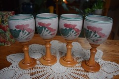 Lot of 4 Studio Pottery Wine Glasses With Wood Pedestal Stems 10 0z. 7.25 Inches