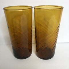 2 Retro Amber Swirl Glass Water Tumblers 6″ Tall Mid Century Modern Optic