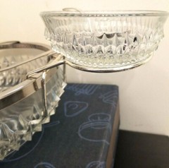 Vtg Chip Dip Dish Set Fancy Hobnail Crystal Glass Pattern 2Pc 3 Utensils England