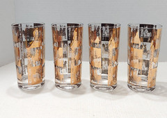 Culver 22K Gold High Ball Barware Glasses (Set 4) Knights Horse Signed MCM Vtg
