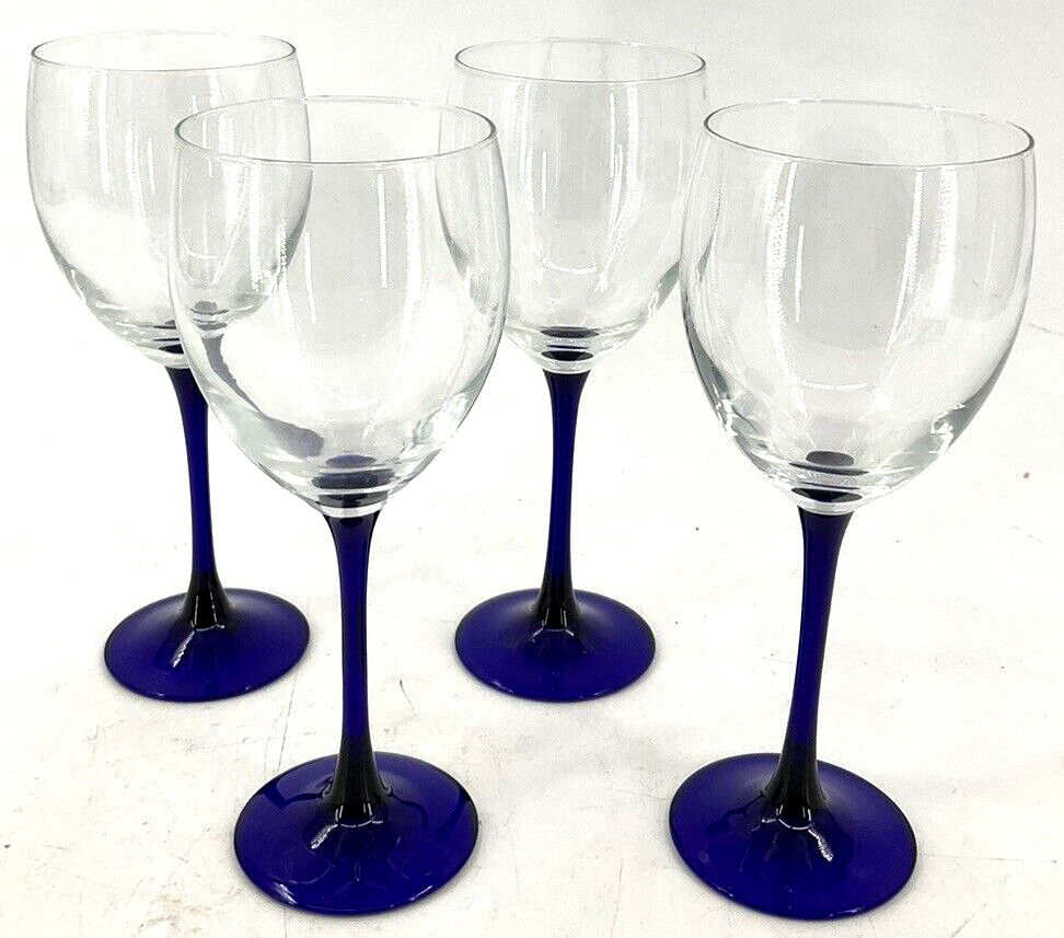 Cristal d’Arques-Durand Neptune Set of 4 Wine Glass Water Goblet Cobalt Blue