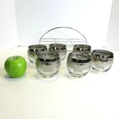 6 Vintage Silver Fade ROLY POLY Glasses Rocks Lowball Caddy Barware Thorpe?