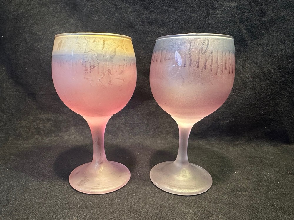 Hand Painted Frosted Hebron Drip Purple Pedestal Wine Cordial Glasses Set of 2