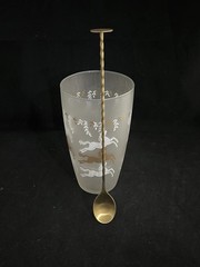 Libbey Cavalcade 3 Glasses W/cocktail Mixer Frosted Gold & White Jumping Horse