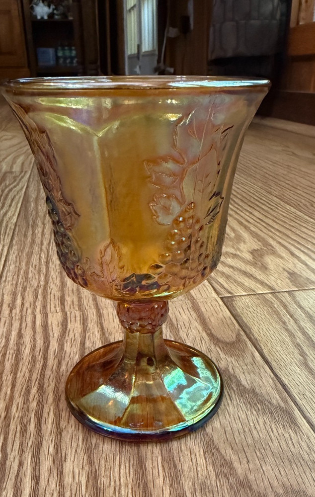 Vintage Indiana Carnival Glass Marigold Goblet Iridescent Amber Harvest Grape