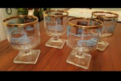 (8) Footed Libbey Southern Comfort Rocks Glasses Vintage Steamboat 22kt Gold