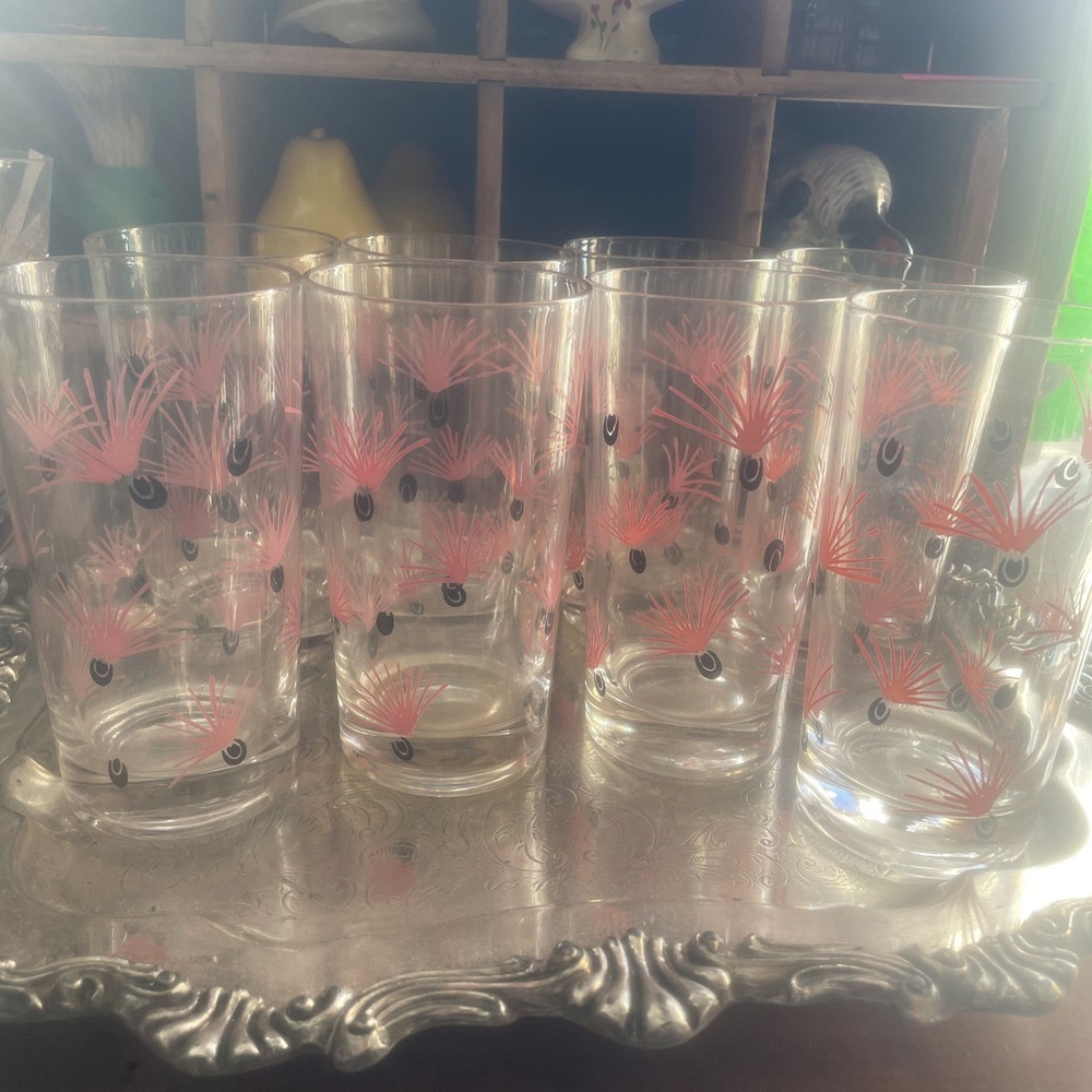 Vintage Milkweed Merry Maker Federal Glass Pink Black Drinking Glasses set of 8