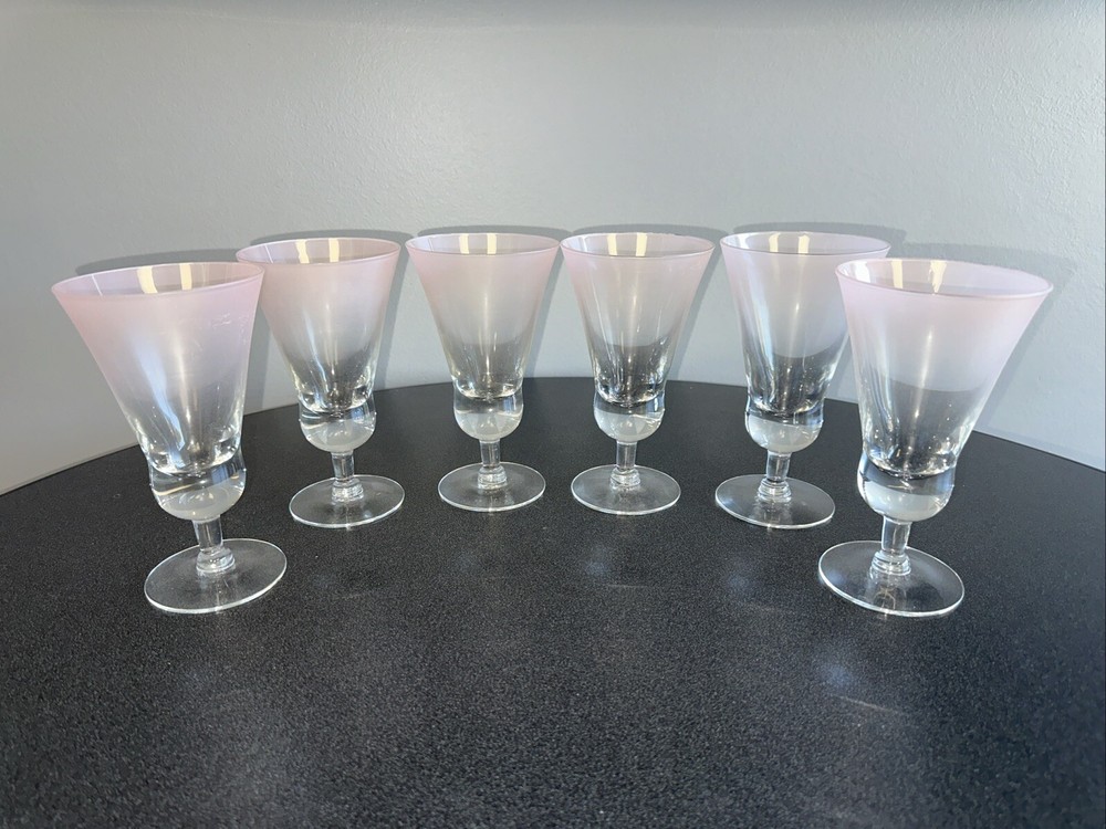 Set 6 DOROTHY THORPE Pink Peach Frosted Satin Trumpet Goblets MCM Bareware 7.5″