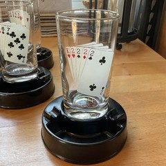 Vintage Highball Glasses W/ Poker Hand Design Cup Holders And Ashtrays Set Of 5
