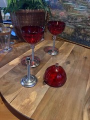Art deco style wine cordial glasses ruby red removeable heavy metal stems