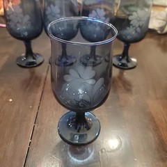 Stemmed Blue Glass Tulip Shape With Flower Pattern Vintage