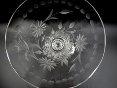 VINTAGE SET OF 2 GLASTONBURY LOTUS ETCHED CUT GLASS WINE GOBLETS, MADE IN USA