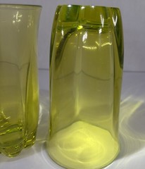 Duncan & Miller Canterbury Chartreuse Yellow Uranium Glass Tumblers *Glow* Pair