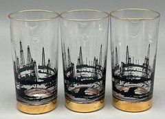 Black 22KT Gold Oil Field Wells Lotus 3 Highball Glasses Dallas JR Ewing Culver
