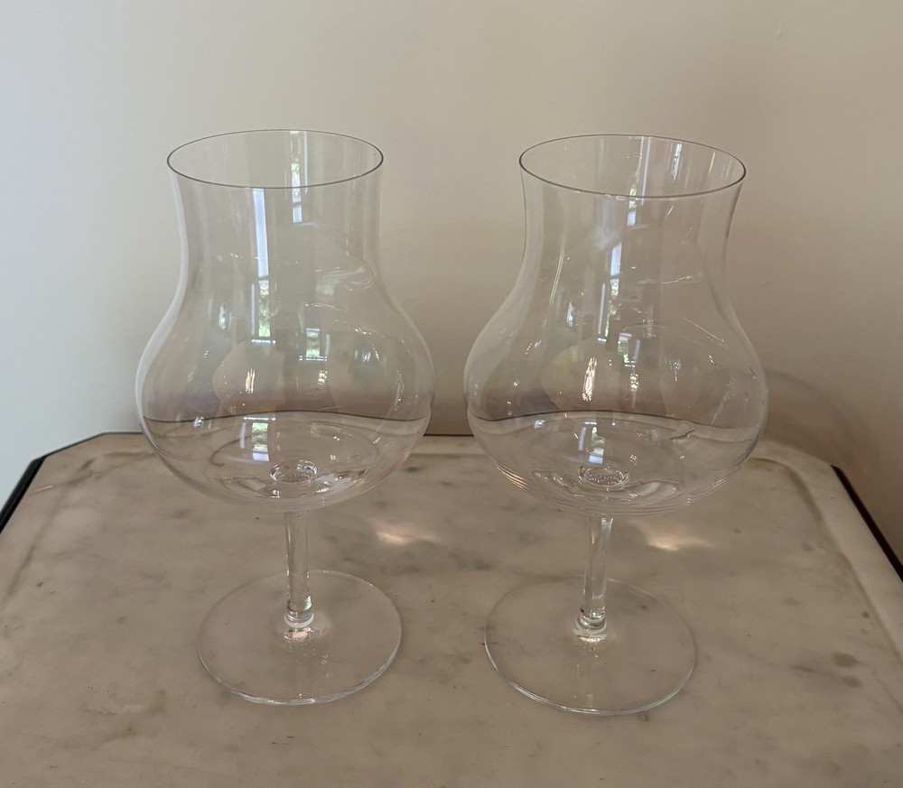 Pair of 2 Daum France Crystal Bellac Wine Tasting Glasses Tulip Sommelier Signed
