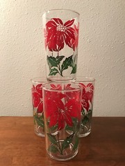 Libbey Poinsettia Christmas Glasses Set of 4 MCM 12 oz Cocktail Bar 5” Highball