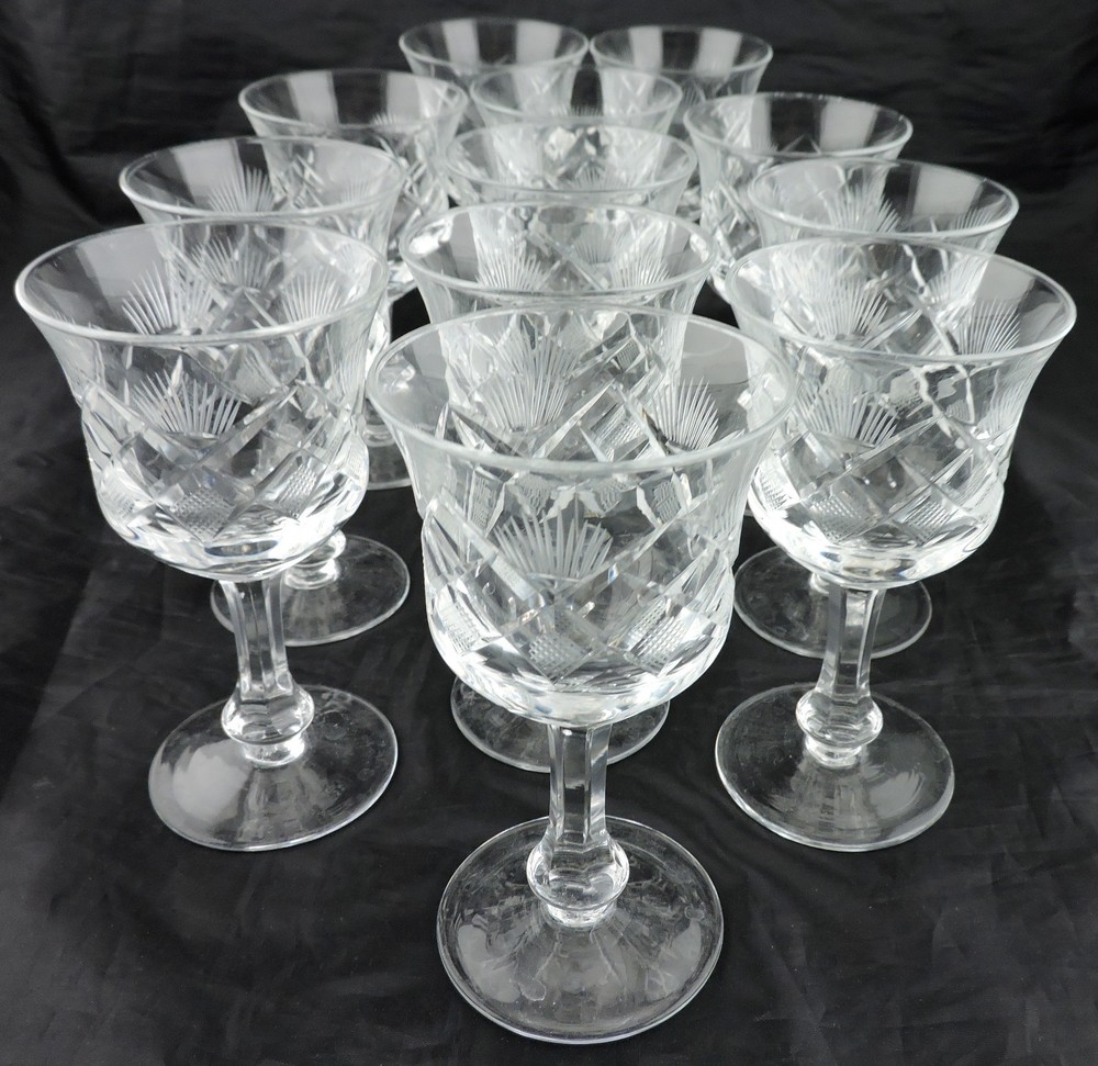 VINTAGE CUT GLASS OR CRYSTAL PORT/WINE GOBLET SET 11 FLARE CRISS CROSS ETCHED