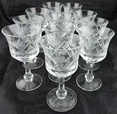 VINTAGE CUT GLASS OR CRYSTAL PORT/WINE GOBLET SET 11 FLARE CRISS CROSS ETCHED
