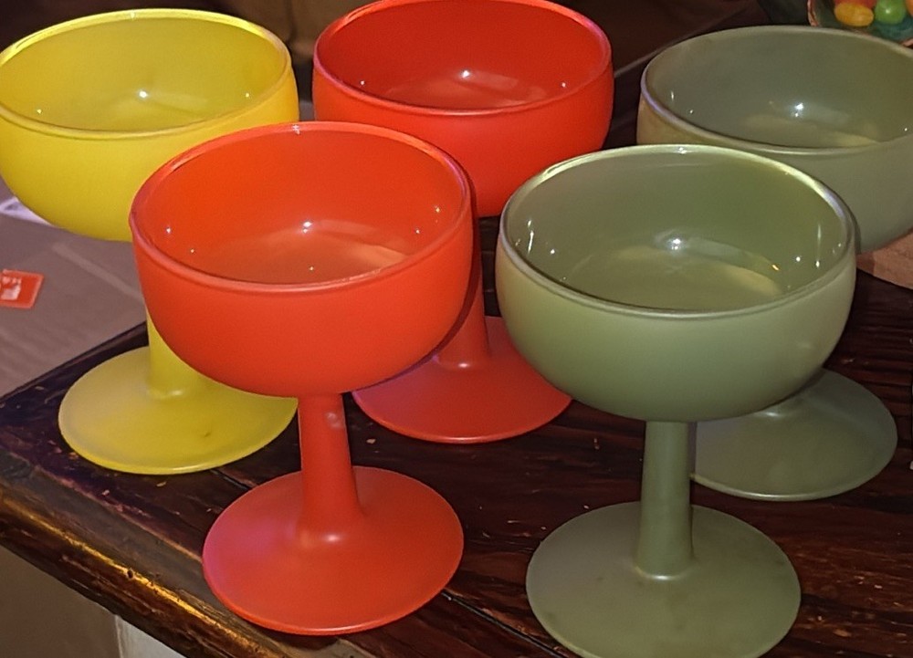 Vtg MCM Frosted Footed Liqueur Wine Cocktail Glassware Green Yellow Red (5)