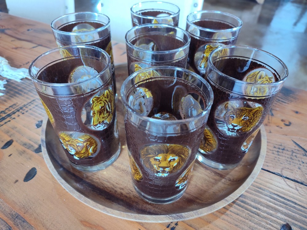 Vintage MCM 6 Libbey Glasses African Safari Tumblers Textured Brown Animals