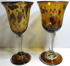 Hand-Blown Glass Goblets SET OF 2 Amber Brown Tortoise Shell Leopard Spots #5