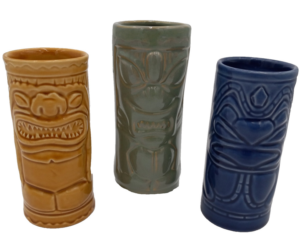 Three Tiki Polynesian Ceramic Totem Tumblers Vintage Barware Blue Gold Green