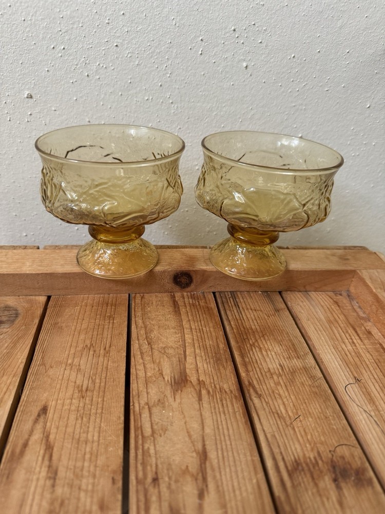Amber Gold Crinkle Textured Stemmed Glass Glasses / Dessert Dishes Set Of 2