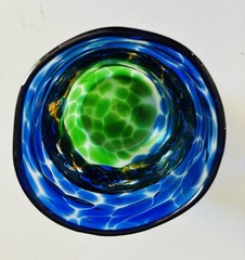Handblown Signed Art Glass Tumbler Juice Glass Vibrant Blue Green Yellow 4.5″