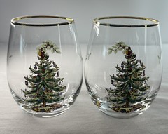 Spode Christmas Tree Stemless Wine Glasses Gold Trim Rim, 19 Oz – Set of 2