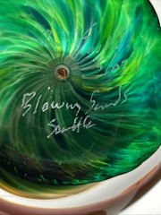 Vtg Hand Blown Art Glass Swirl Paperweight Emerald Green Amber Brown Cavern Orb