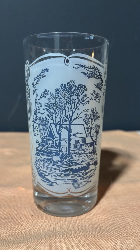 Currier & Ives Blue House Royal USA Stencil White Decal Drinking Glasses set of