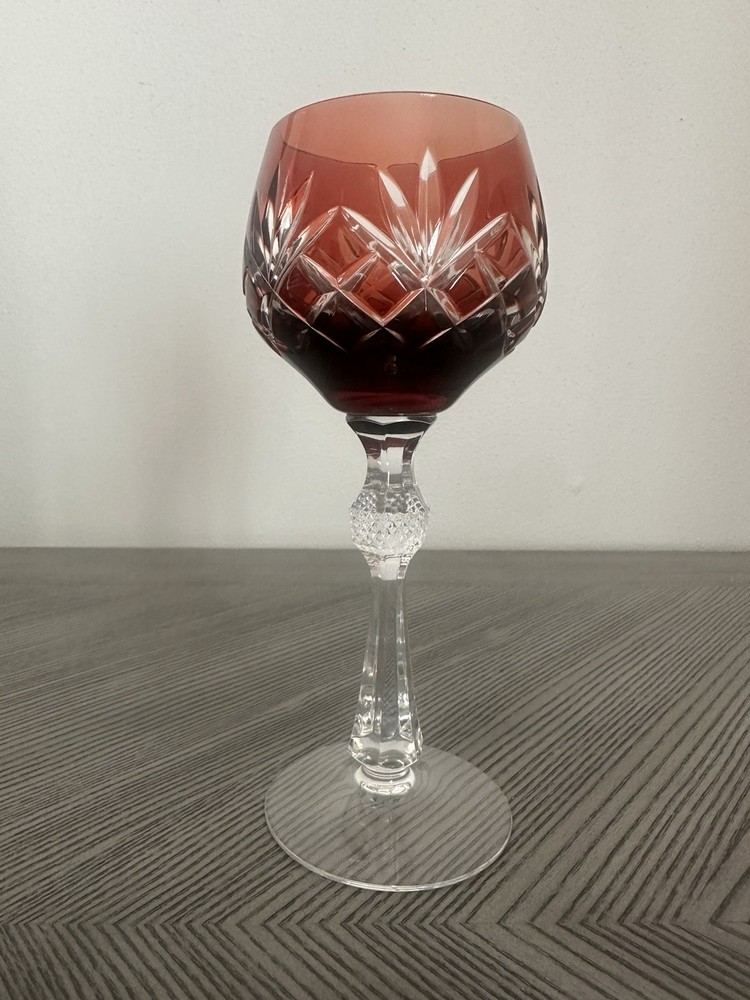 Vintage Crystal Wine Hock Glass Cut To Clear Raspberry Red – 7.25″