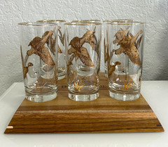 Vintage Libbey Drinking Highball Glasses Gold Embossed Geese Flying . Set of 6.
