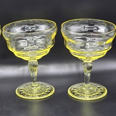 Set of 4 Topaz Uranium Glass Sherbet Champagne Coupes Glasses Depression Glow